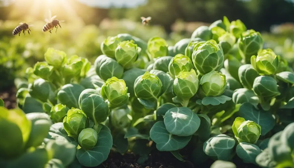 A garden of Brussel sprouts with bees pollinating them.