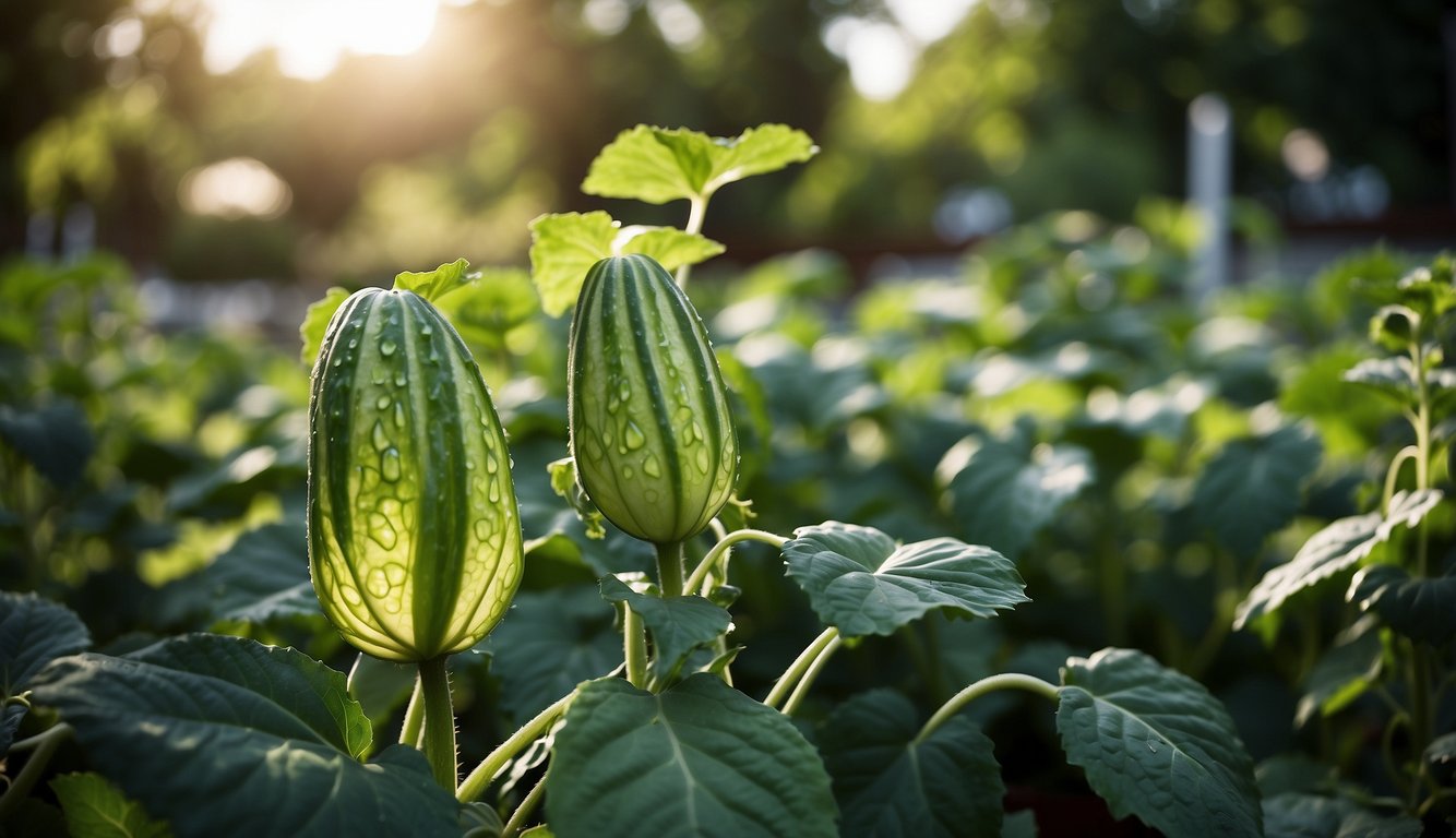 Two cucumbers growing tall amidst a lush cucumber plant field, bathed in the soft glow of the setting sun.