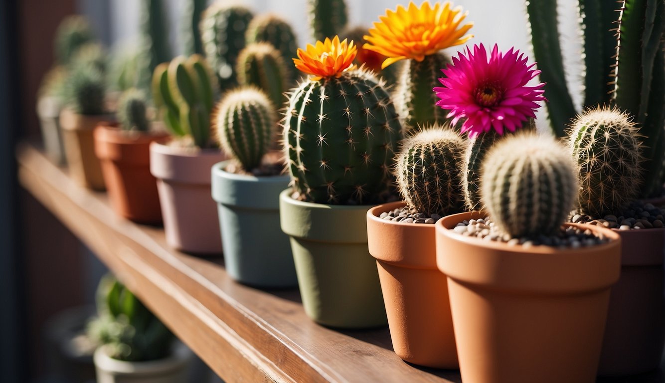 A variety of cacti with different shapes and sizes, some blooming with vibrant flowers, lined up in colorful pots on a wooden shelf.