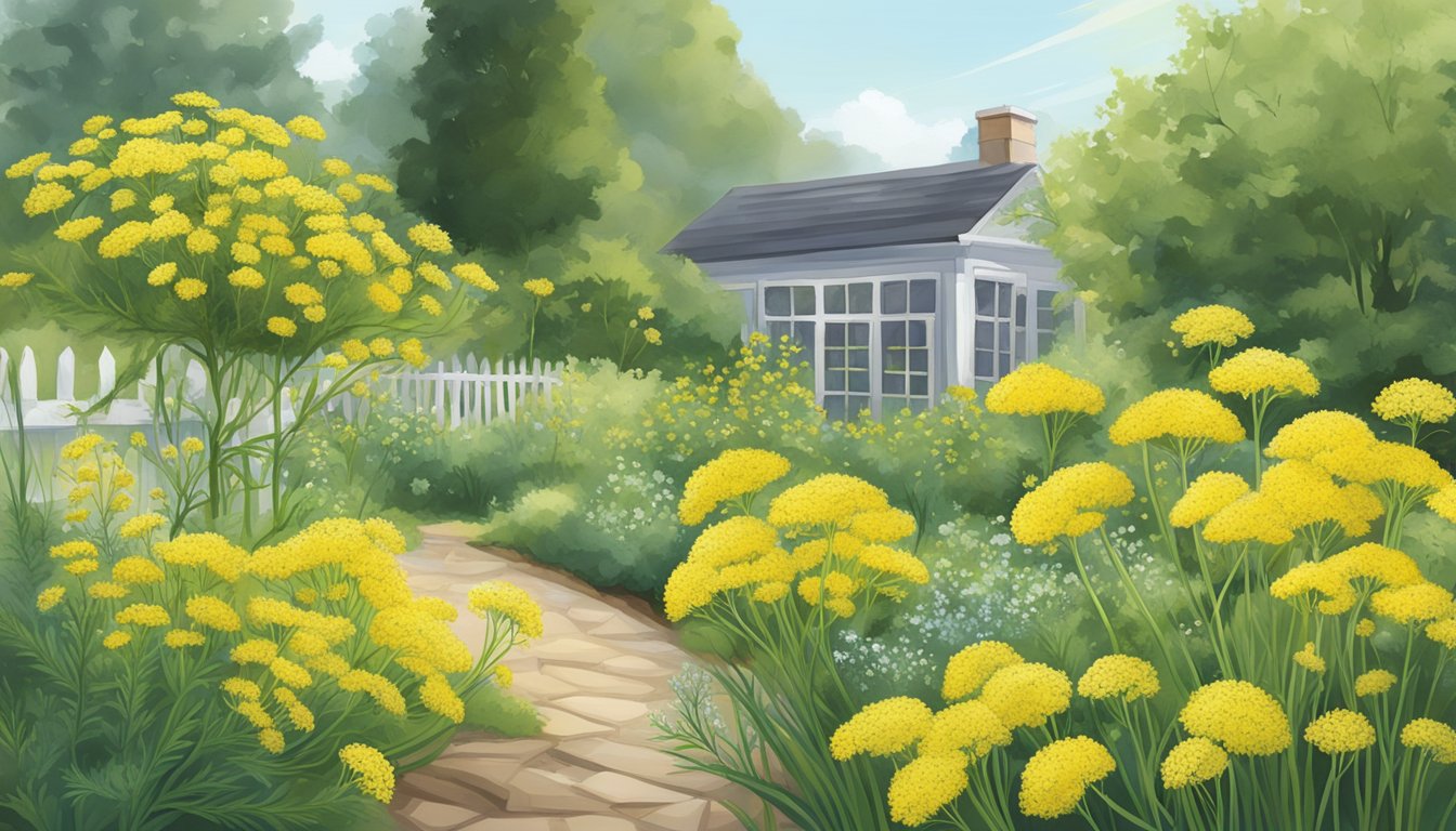 A serene garden with blooming yellow dill flowers, a stone pathway, and a cozy greenhouse in the background.