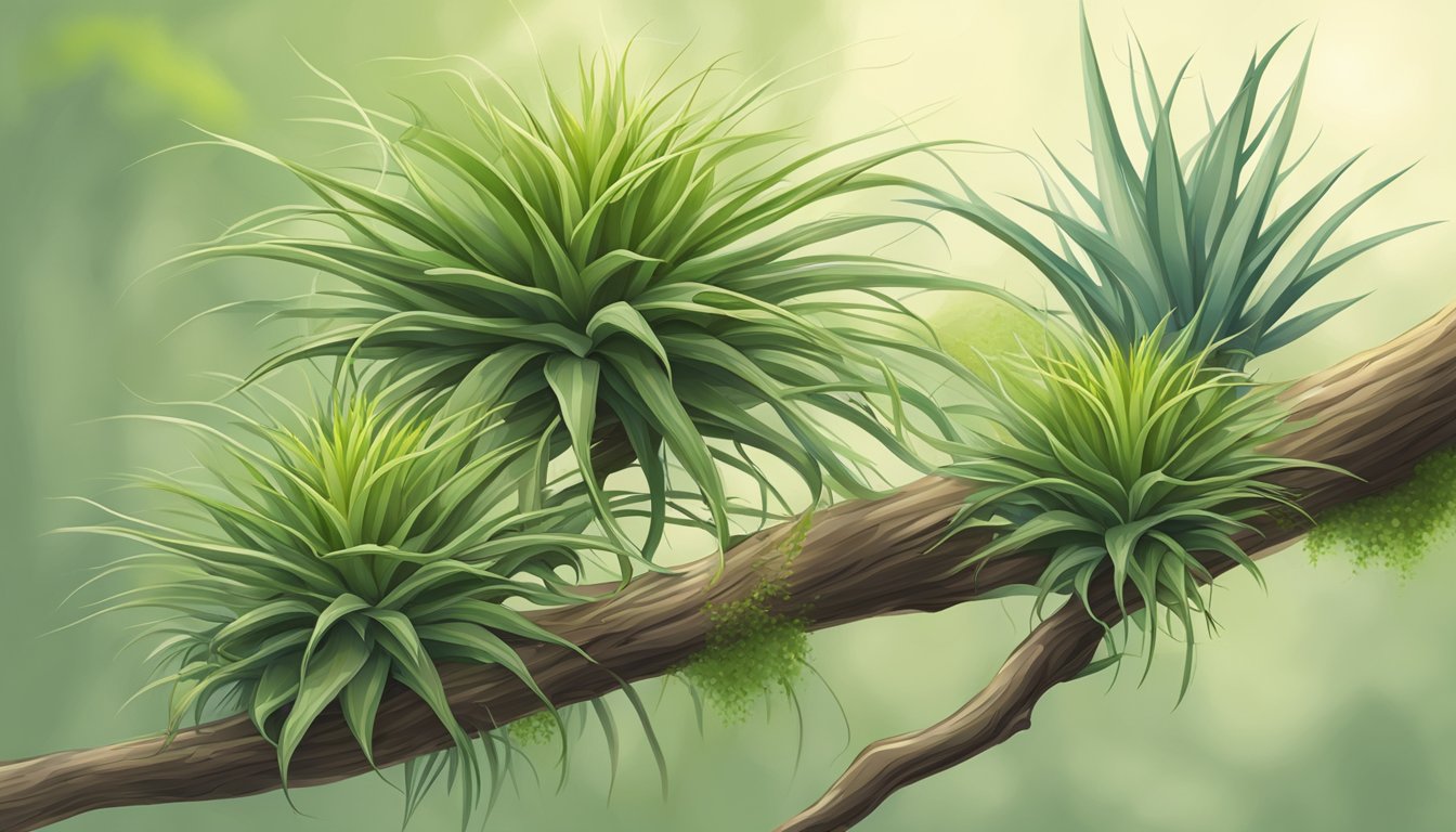 Three air plants with lush green leaves growing on a branch, depicting natural growth in a serene environment.