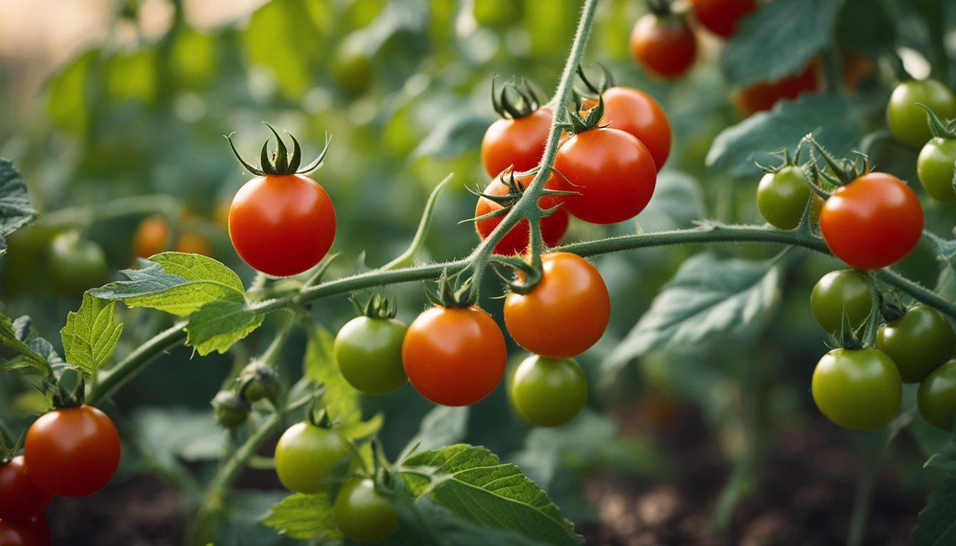 A close-up view of a cherry tomato plant with ripe red, orange, and green tomatoes hanging from the vines amidst lush green leaves.