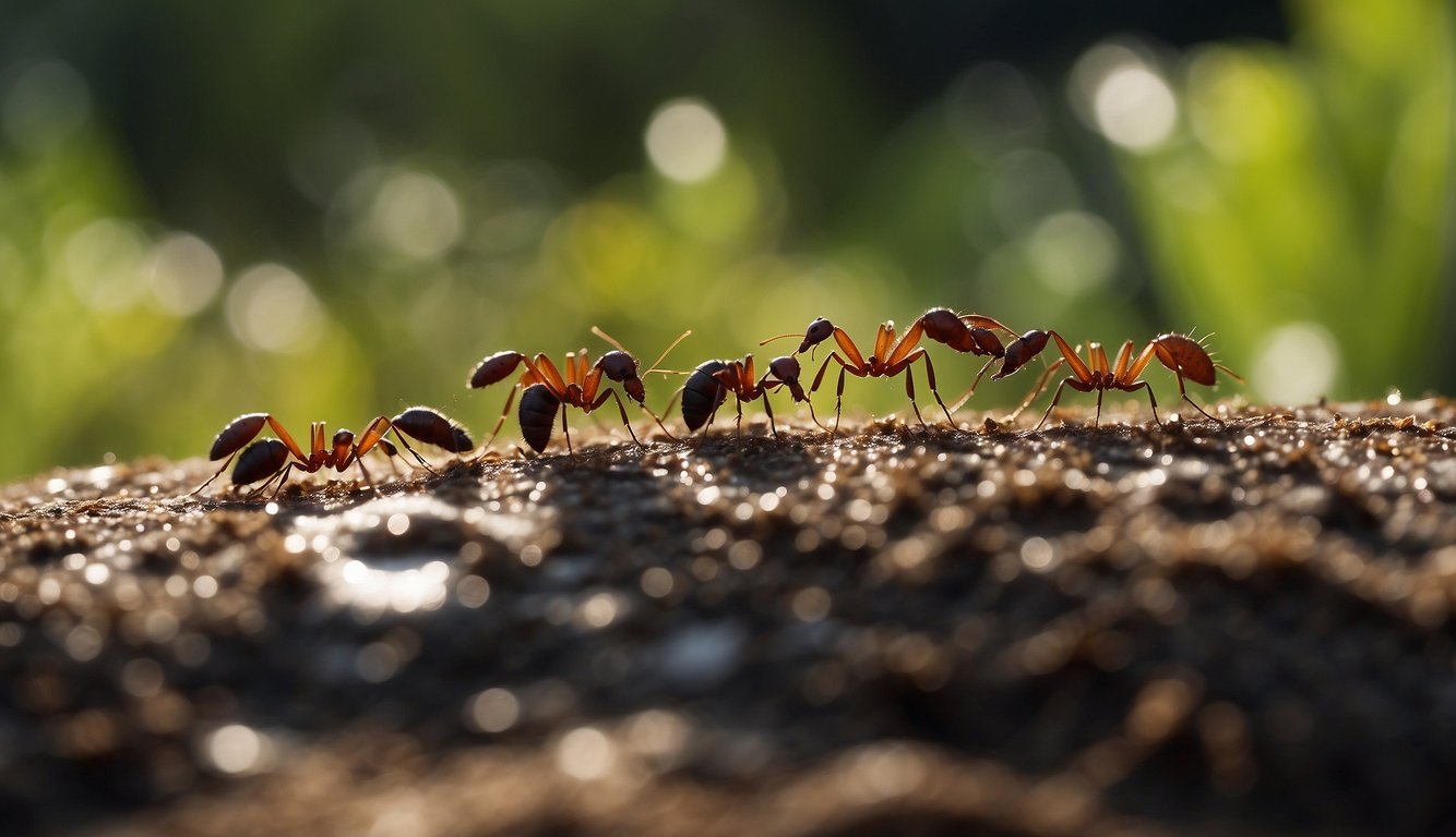 A line of ants walking on the ground, illuminated by sunlight.