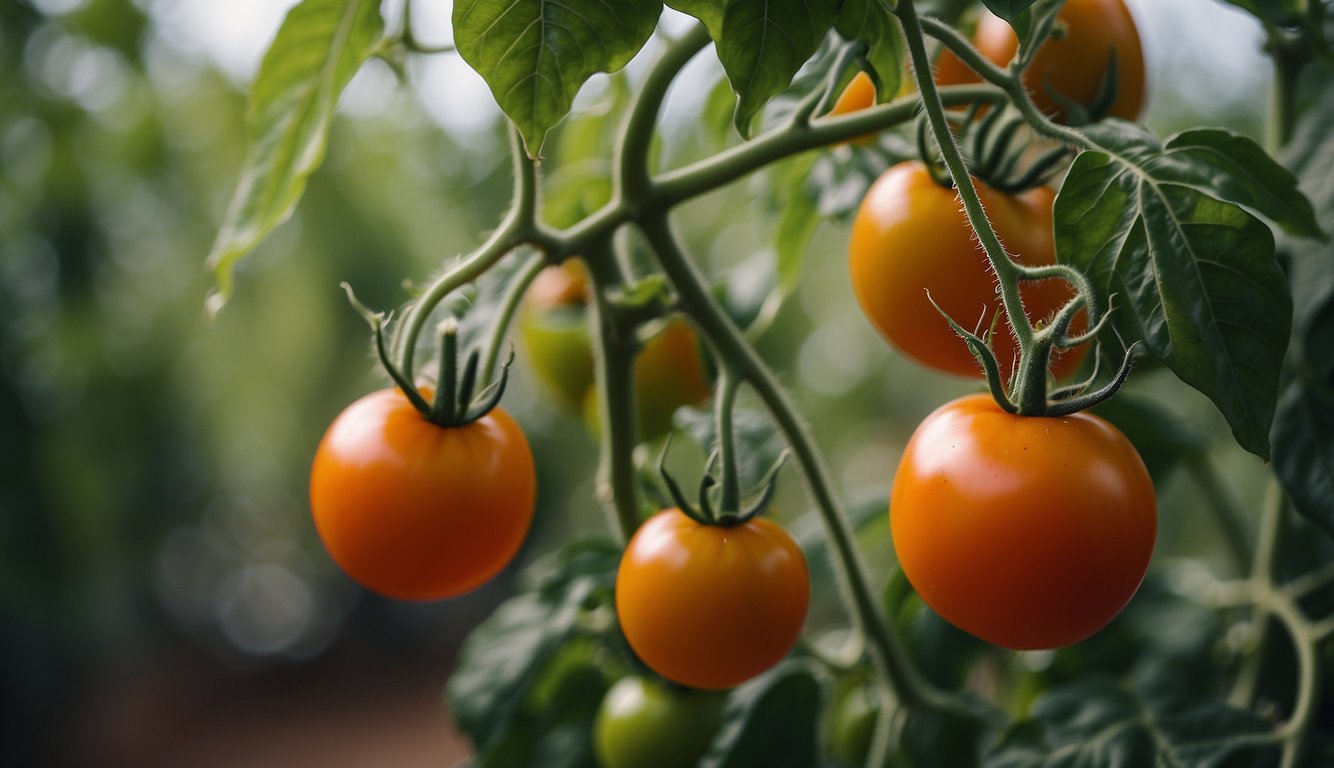 A close-up view of ripe and unripe tomatoes hanging from a healthy green plant.