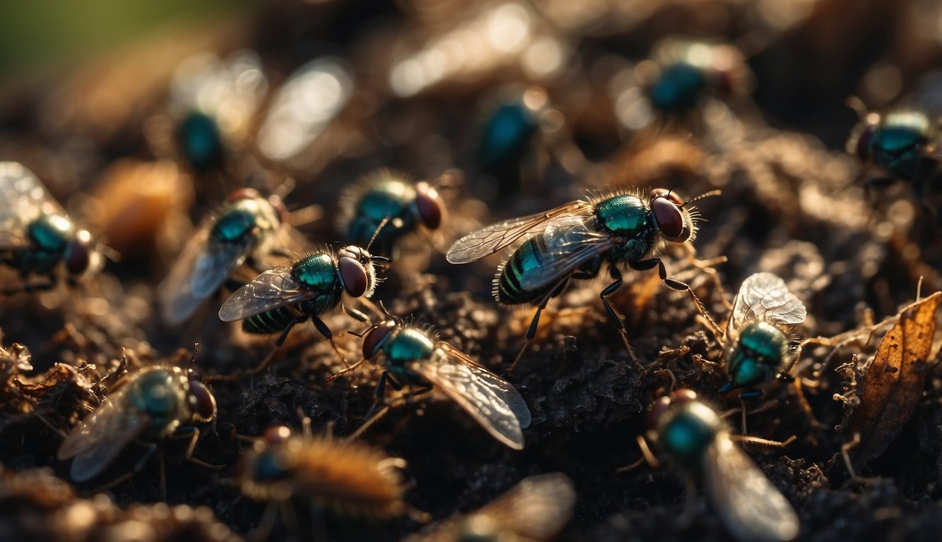 A close-up view of multiple flies with iridescent bodies, congregating on a compost bin filled with decomposing organic matter.