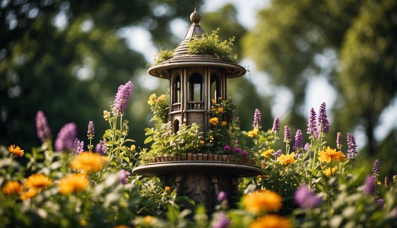 A wooden garden tower surrounded by blooming flowers in various colors, capturing the essence of a vibrant and healthy garden.