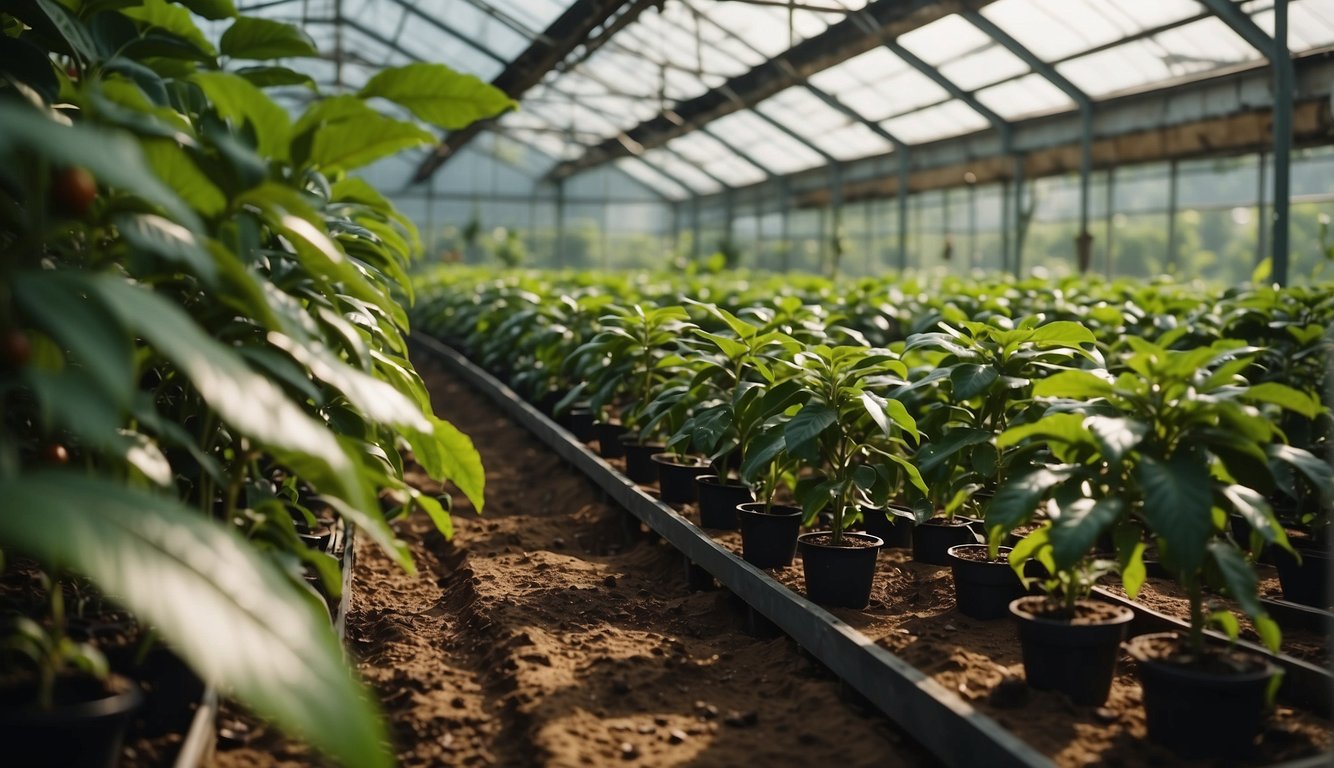 Rows of young coffee plants growing in pots, housed within a sunlit greenhouse.