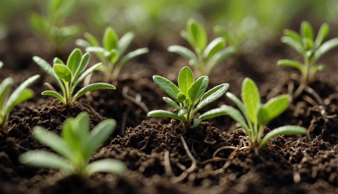 Young thyme plants emerging from the soil, illustrating the process of growing thyme from cuttings.