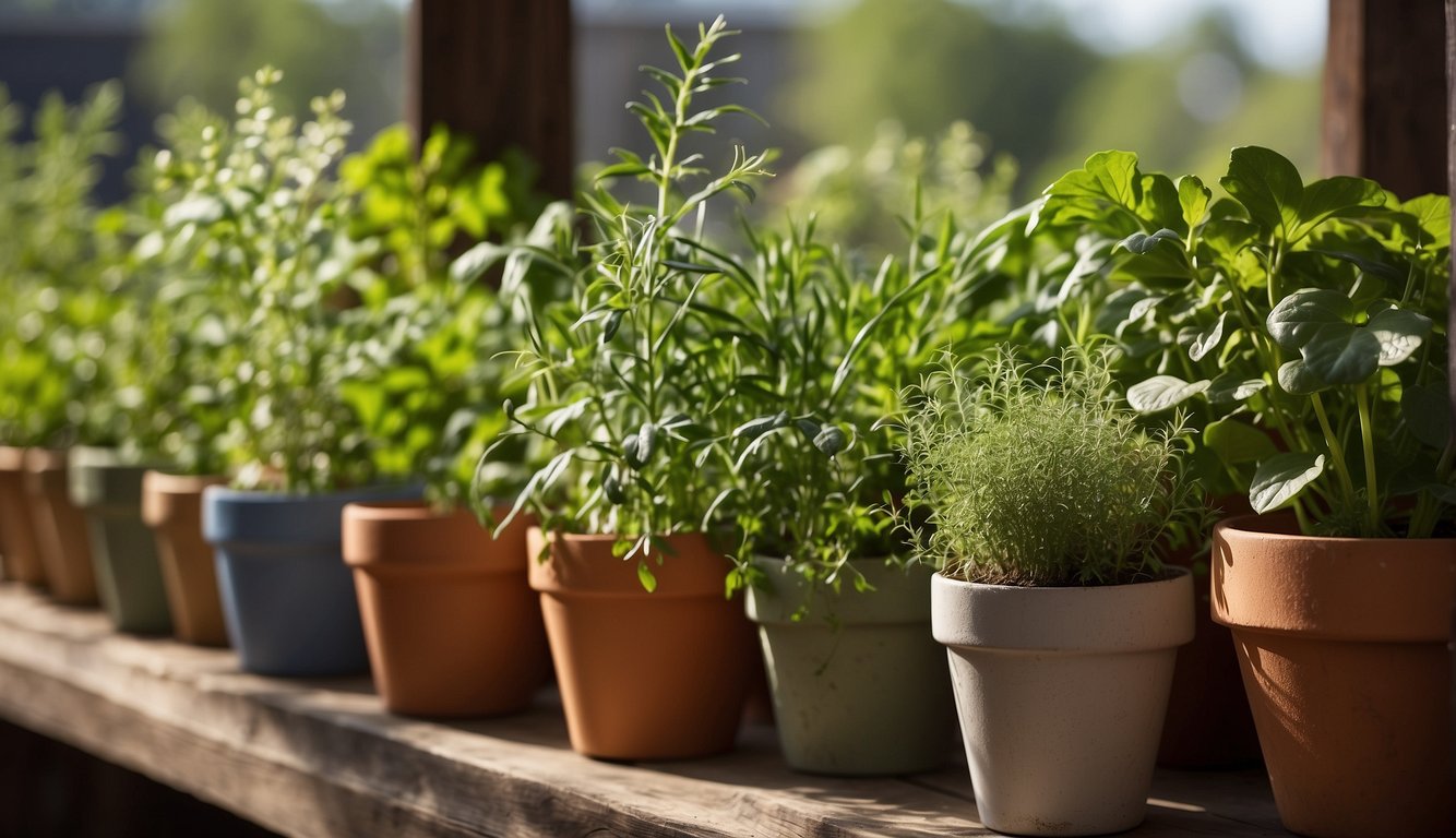 A variety of herbs growing in colorful pots lined up on a wooden outdoor shelf, bathed in sunlight.