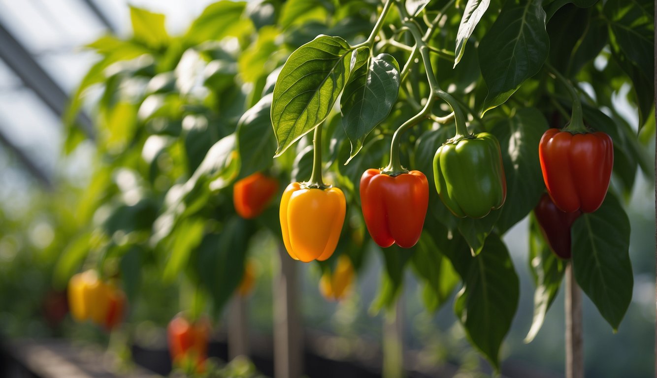 A variety of peppers in different stages of ripeness hanging from lush green plants inside a greenhouse.