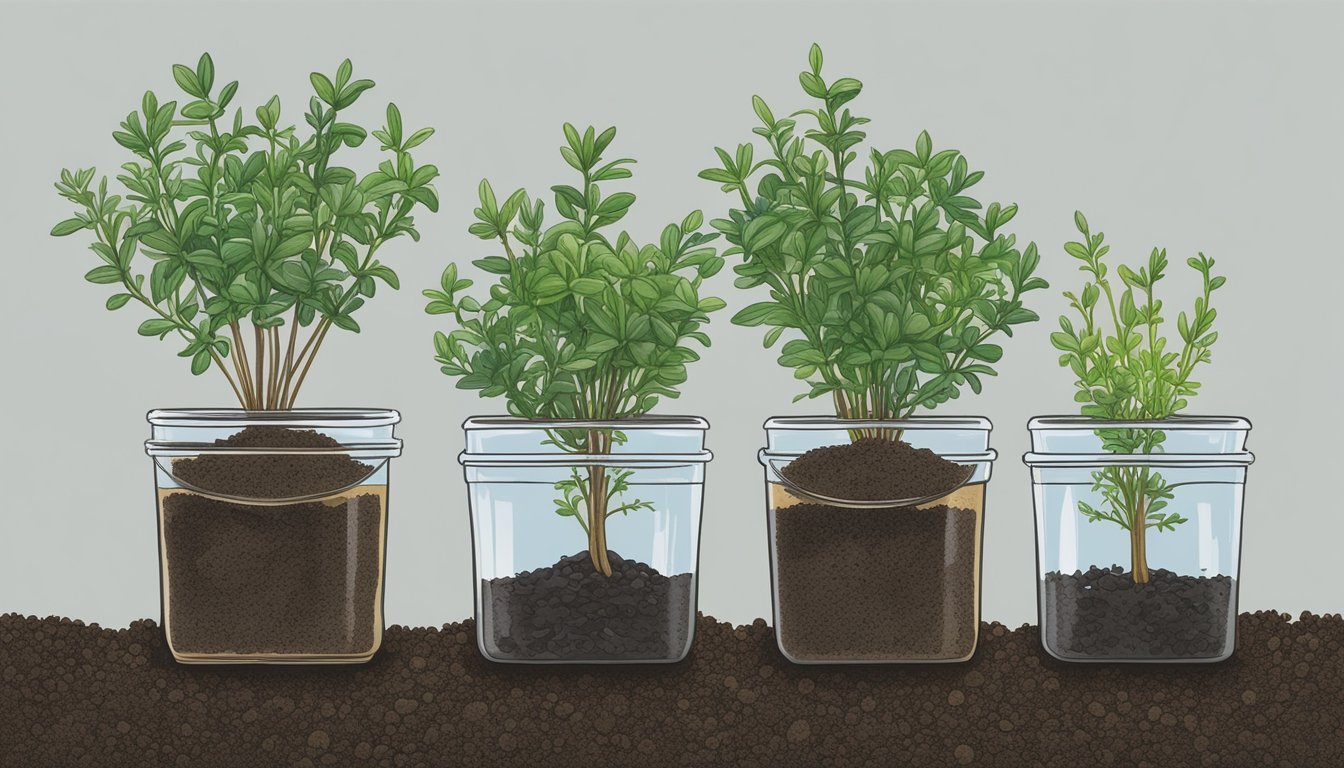 Four stages of thyme growing from cuttings in clear jars filled with soil, showcasing the progression of root and plant development.