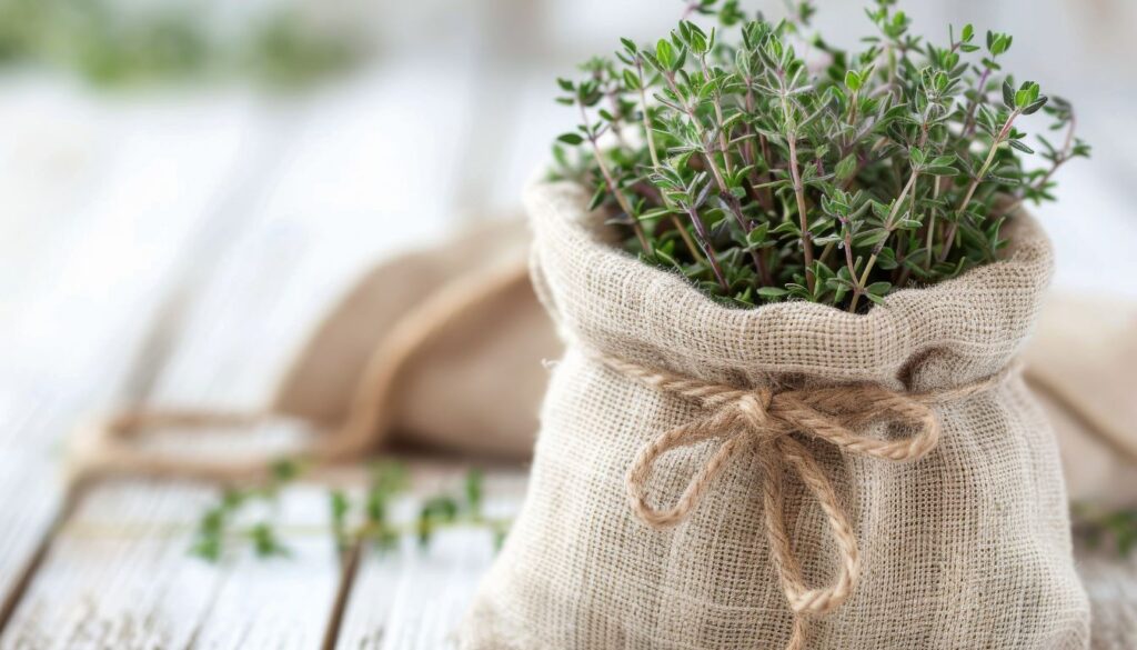 A burlap sack filled with fresh thyme cuttings, placed on a white wooden surface.