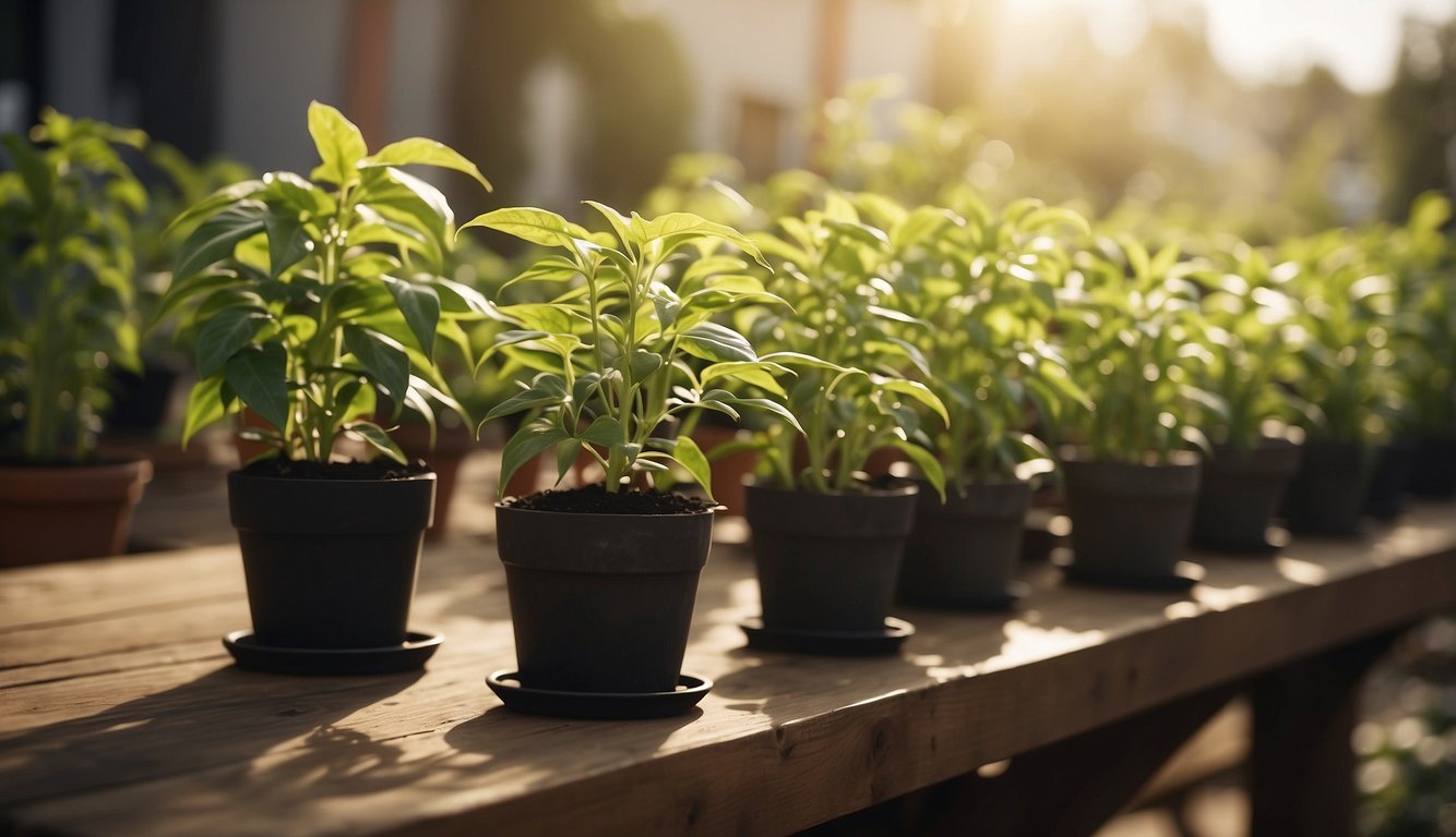 A series of young pepper plants in pots lined up on a wooden surface, basking in the sunlight.