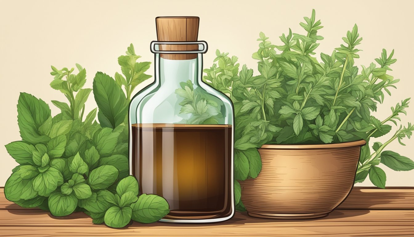 A bottle of herbal cough syrup placed beside fresh green herbs.