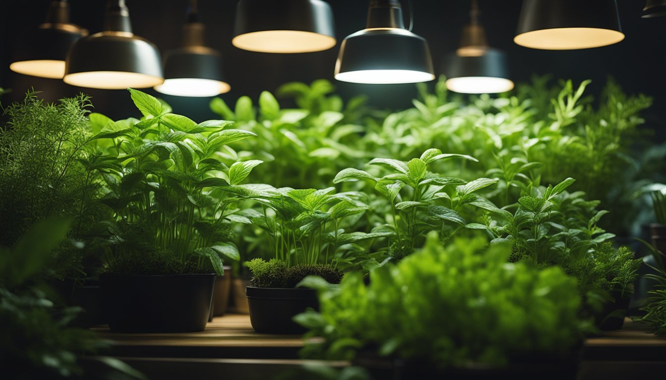 A variety of lush, green herbs thriving under the glow of indoor lighting.