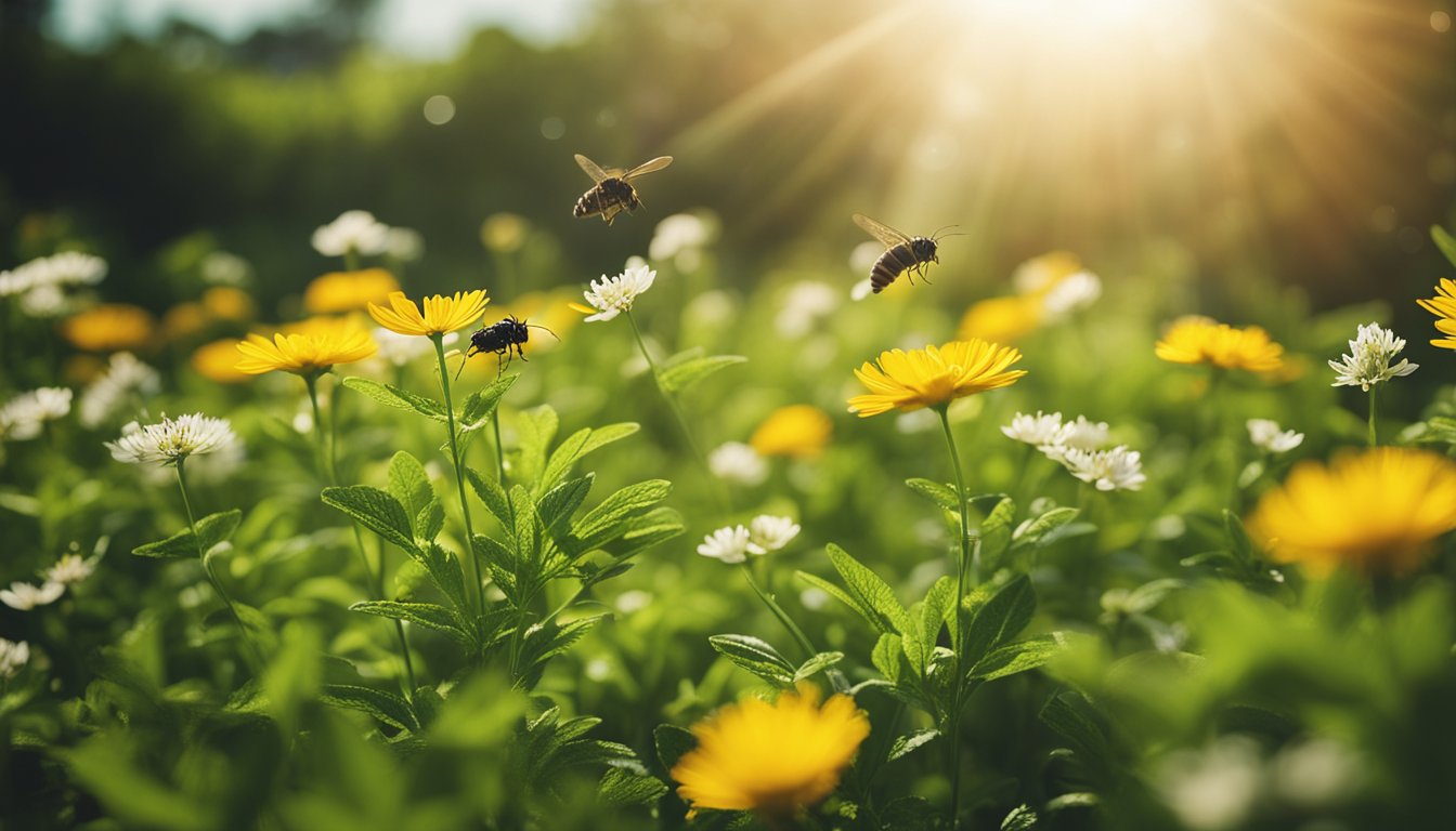 A sunlit field of vibrant green herbs and blooming yellow and white flowers, with bees busily hovering above.