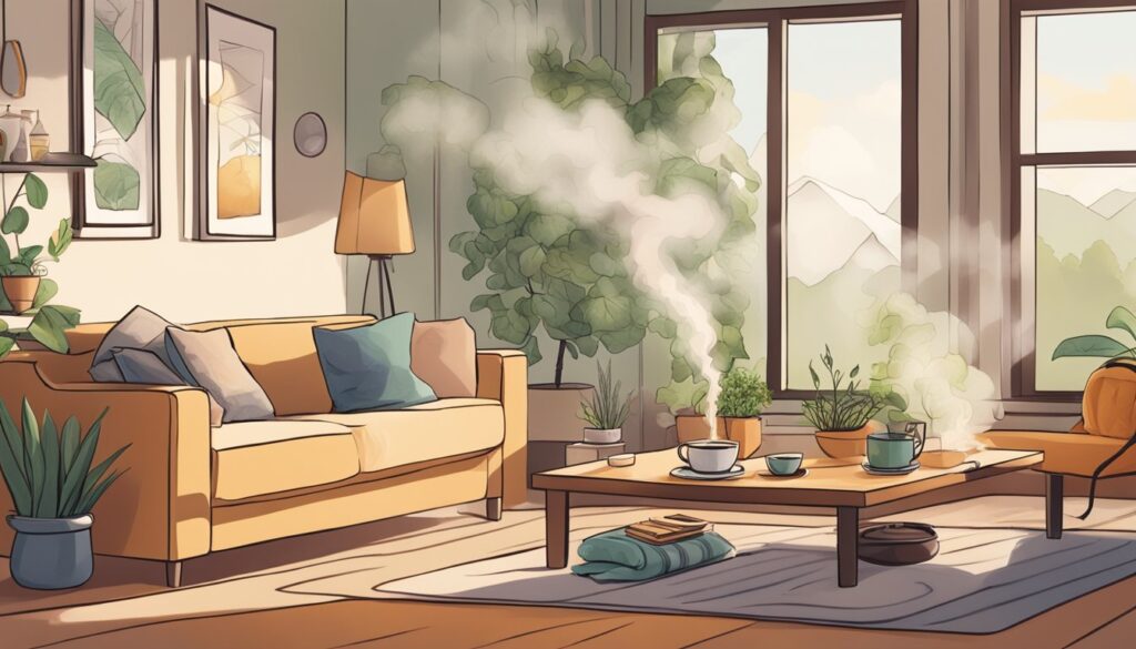 A cozy living room with steam rising from cups on a table, suggesting a warm herbal remedy being prepared.