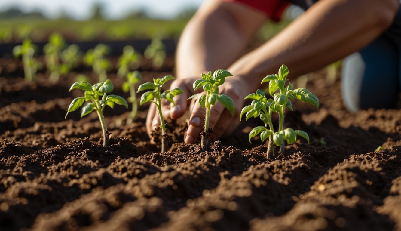 A person planting tomato seedlings in the soil.