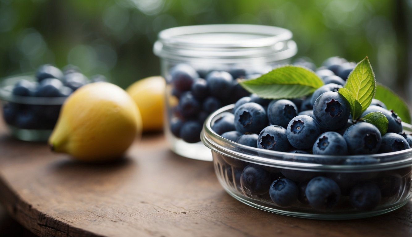 A close-up image of fresh blueberries in a glass bowl with a lemon and another container of blueberries on a wooden surface, surrounded by greenery.