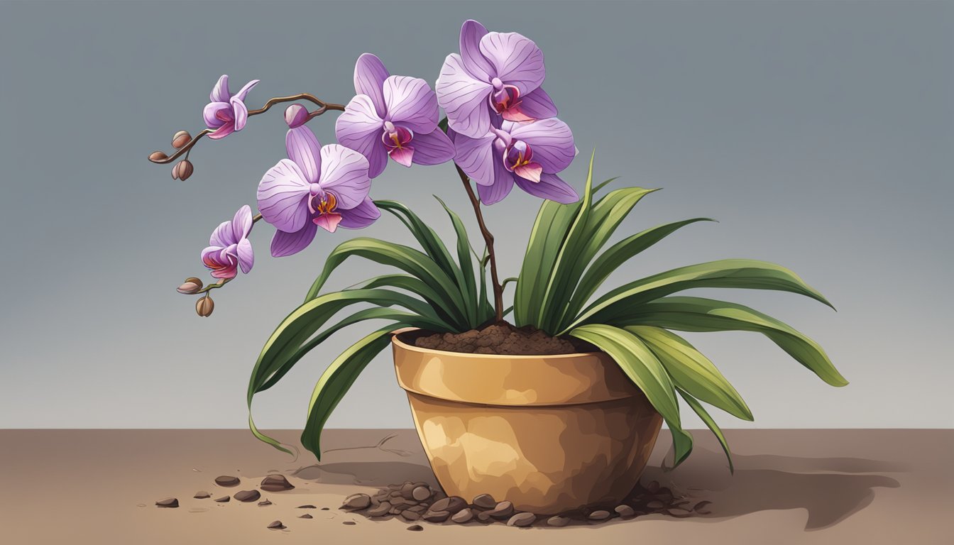 A vibrant illustration of a potted orchid with lush green leaves and blooming purple flowers, set against a neutral background.