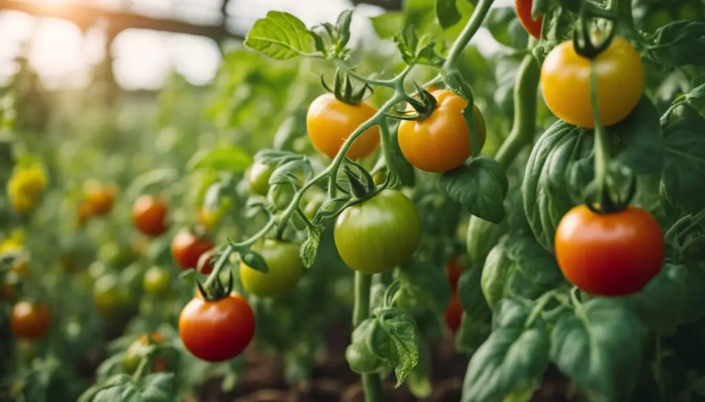 A close-up view of a tomato plant with ripe red, unripe green, and ripening yellow tomatoes hanging from the branches amidst lush green leaves.