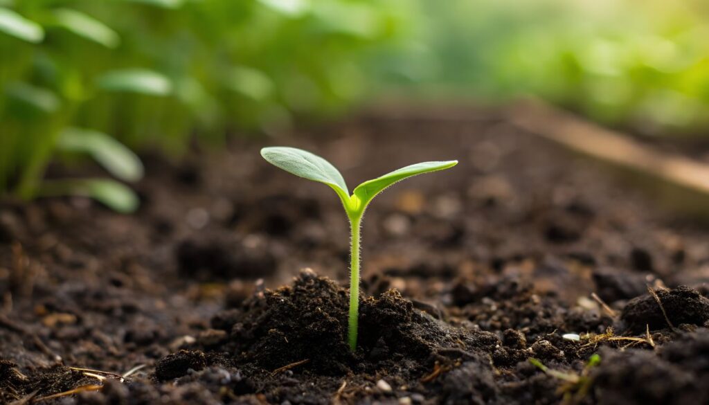 A young green seedling with two leaves emerging from dark, rich soil in a sunlit garden bed.