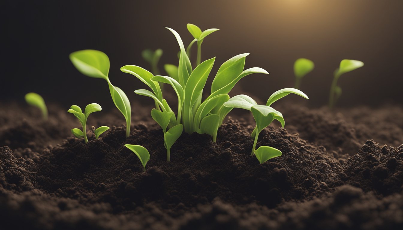 Young green plants sprouting from the soil, illuminated by a soft light.