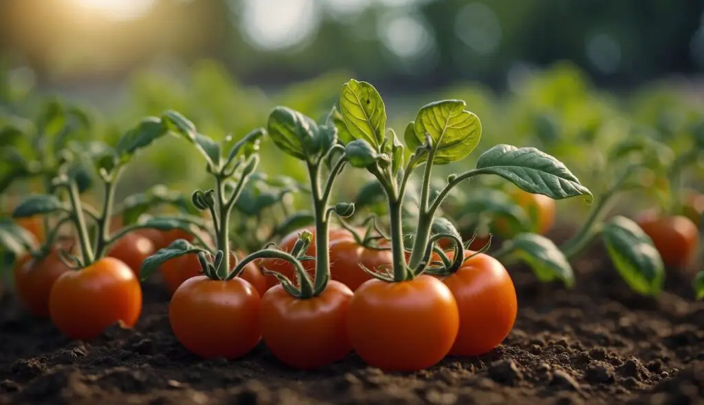 A close-up view of ripe tomatoes growing in soil, bathed in sunlight.