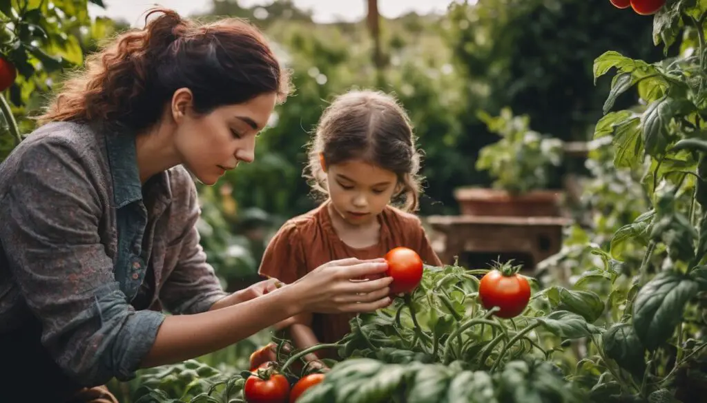 Two people examining a ripe tomato on a healthy tomato plant.