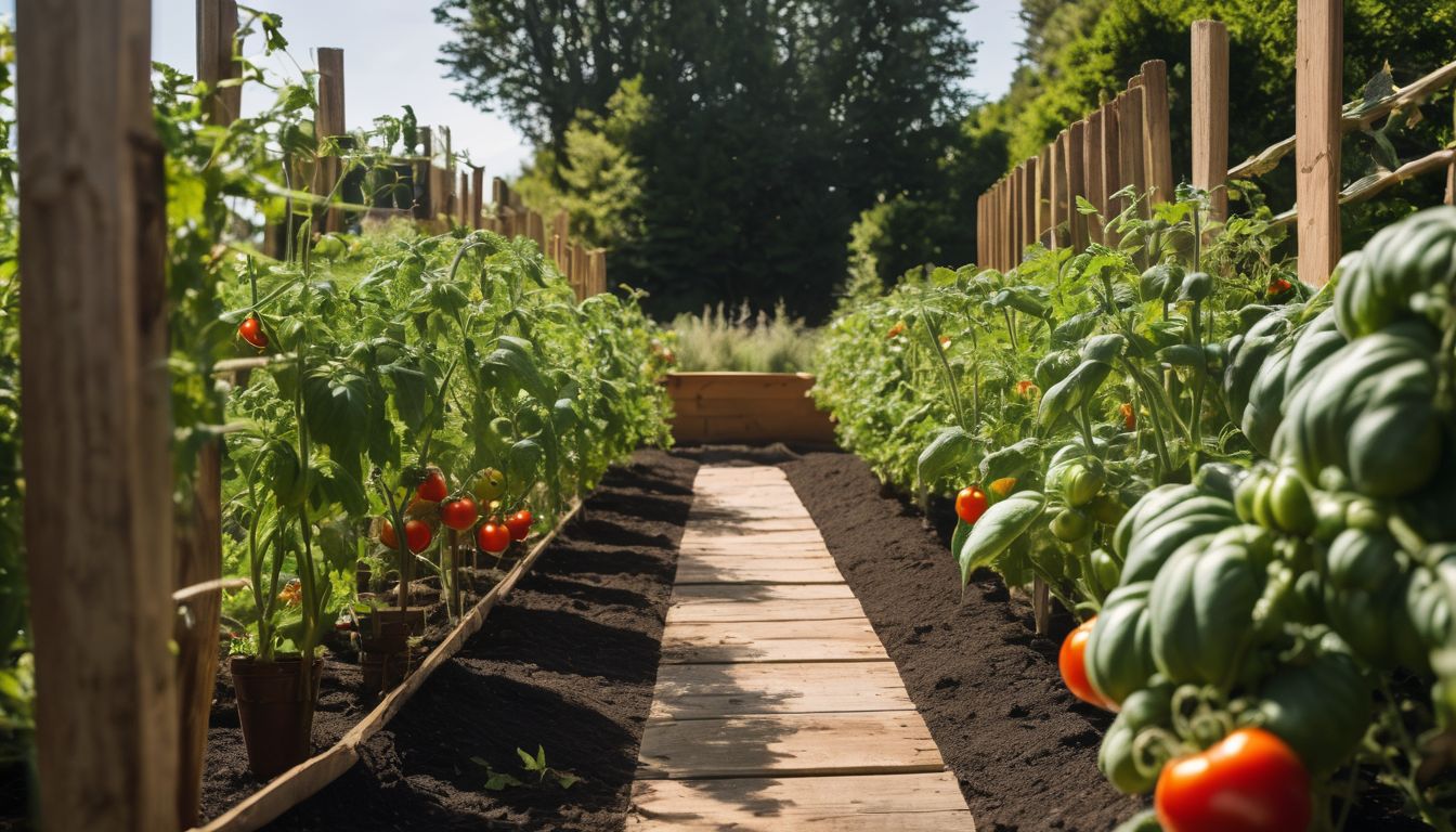 A garden pathway flanked by rows of lush tomato plants supported by wooden stakes, with ripe red tomatoes visible.