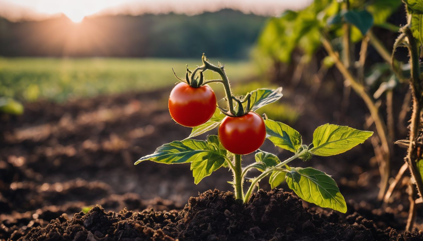 A healthy tomato plant with ripe red tomatoes, green leaves, and stems, growing in rich soil with the sun setting in the background.