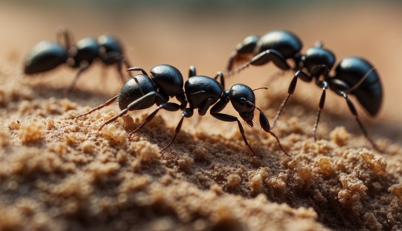 A close-up image of ants on a surface, illustrating a scenario for the use of Diatomaceous Earth in ant control.