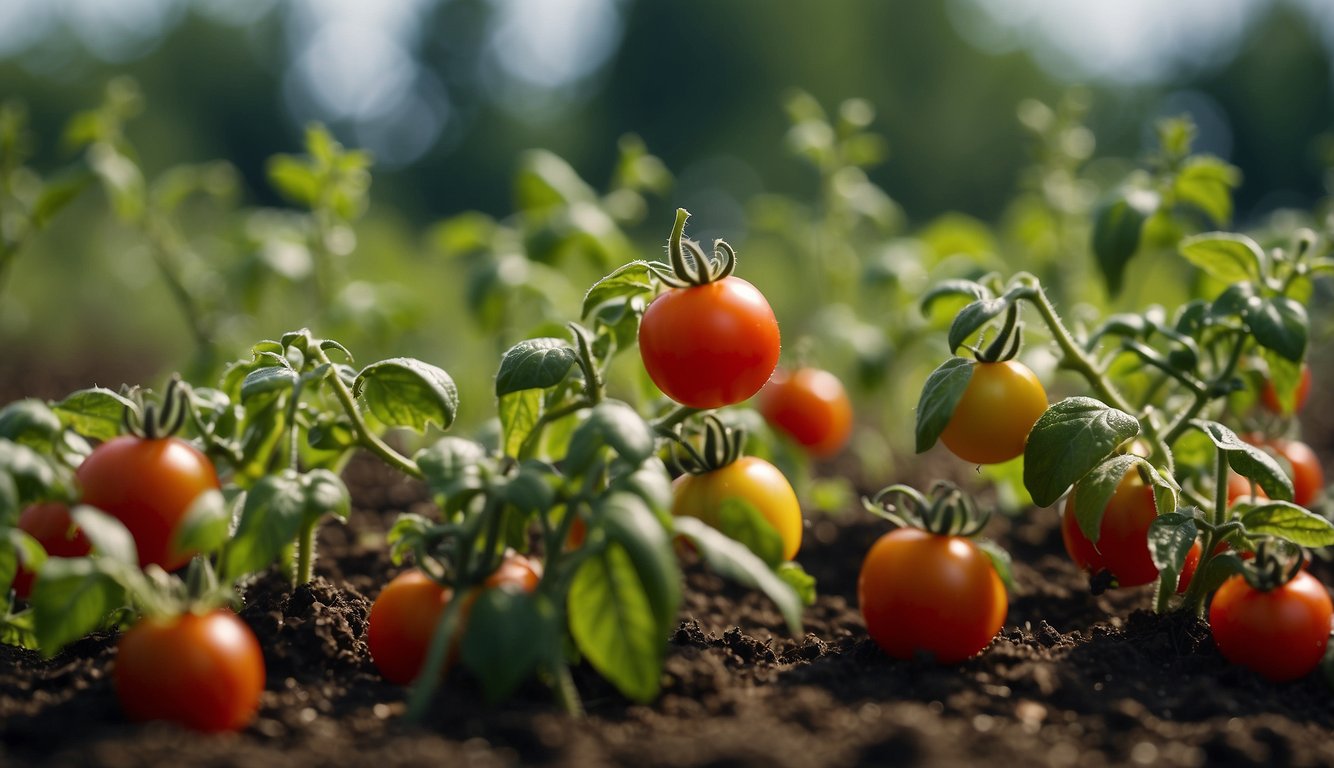 A close-up view of young tomato plants with ripe and unripe tomatoes, growing in fertile soil under the sunlight.
