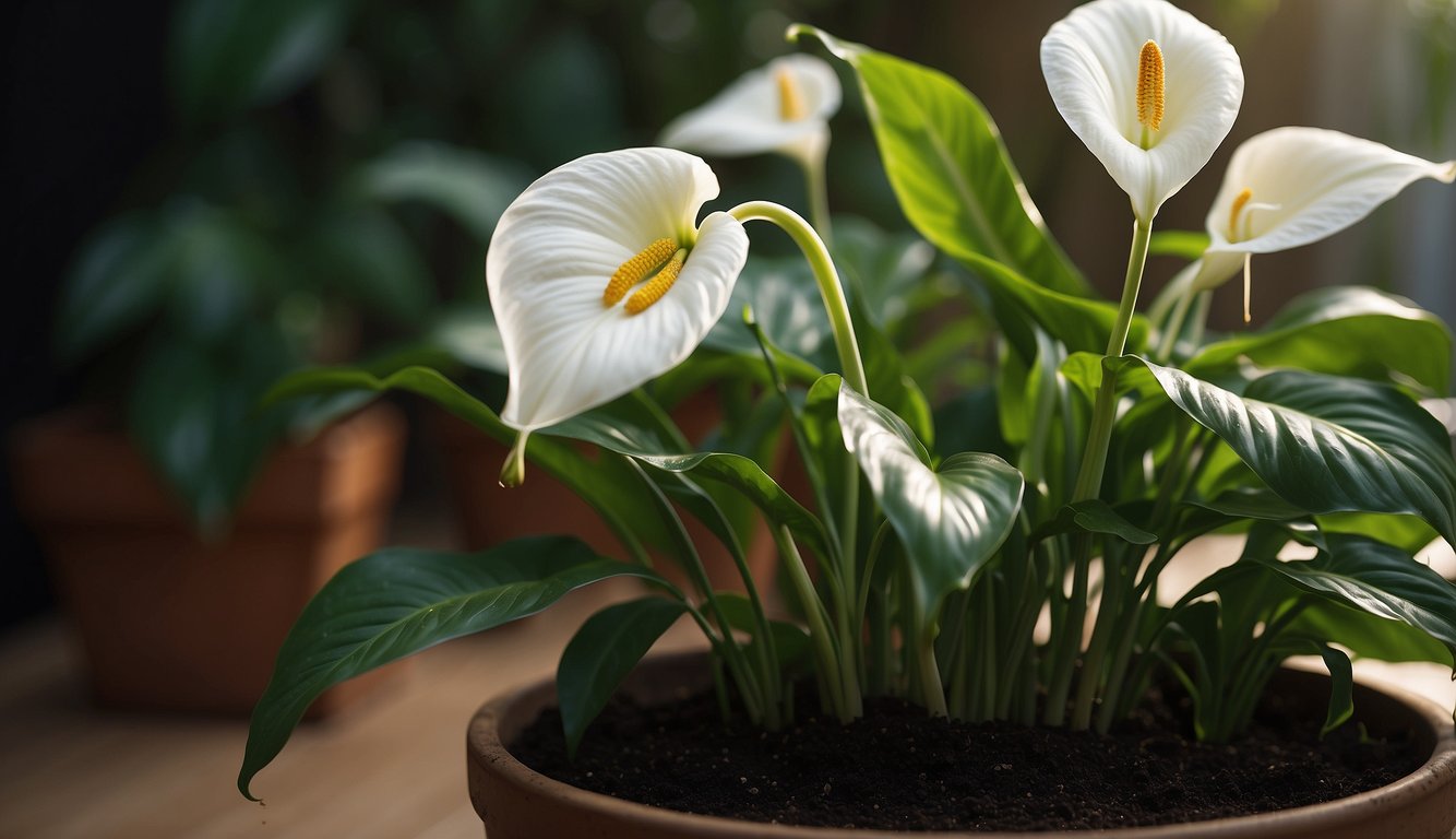 A close-up view of a blooming peace lily with white, glossy petals and yellow stamens, surrounded by vibrant green leaves in a pot.