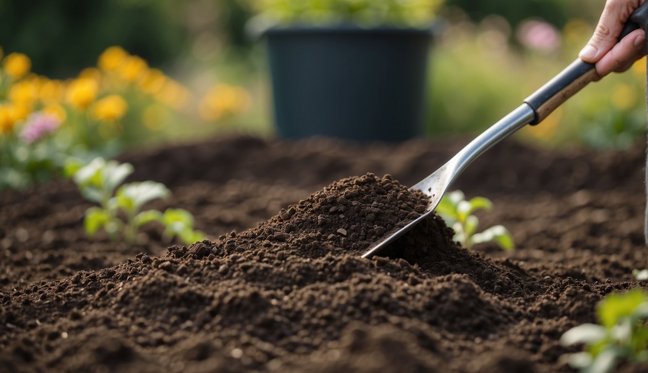 A person using a trowel to prepare soil in a garden with blooming flowers and potted plants in the background.