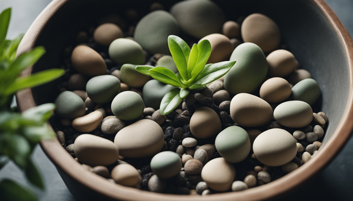 A young plant sprouting from clay pebbles in a pot.