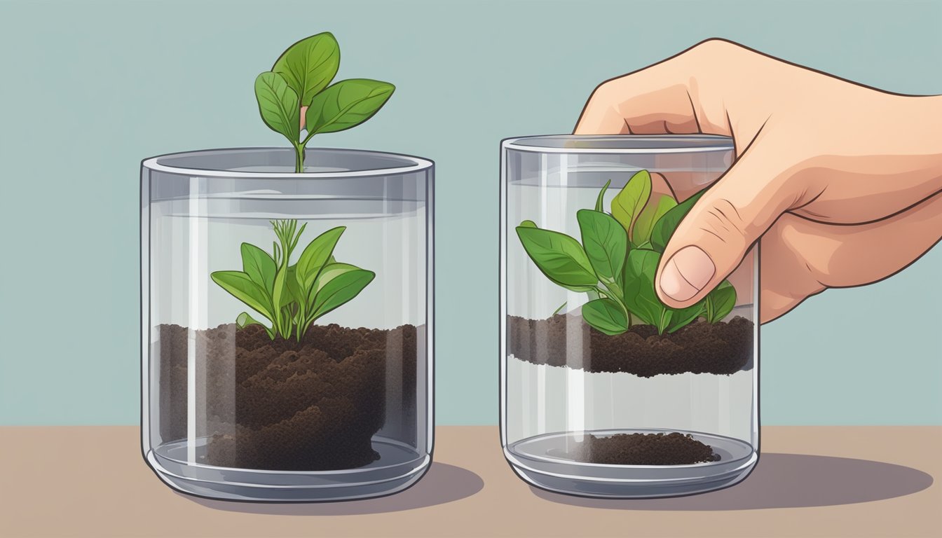 Two clear containers with soil and green plant cuttings; one being touched by a human hand.