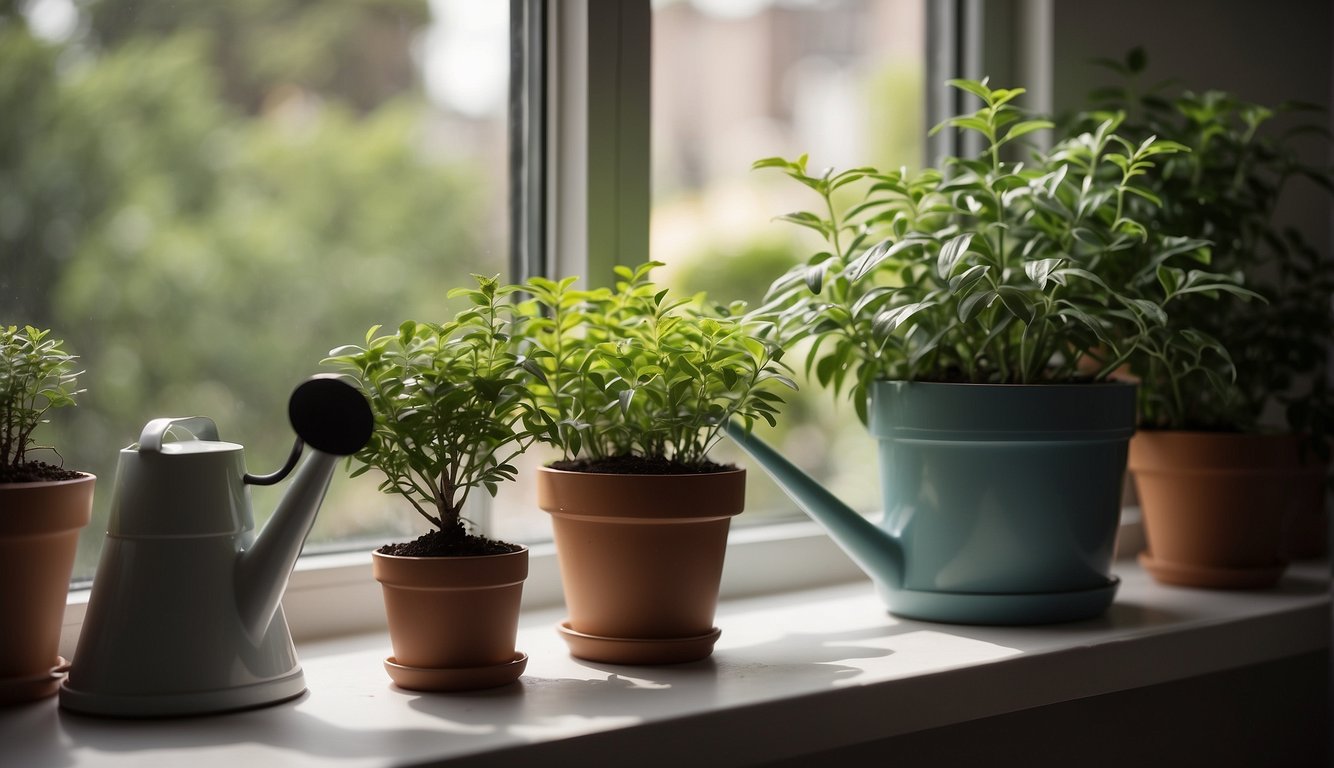 A variety of indoor plants in pots and a watering can on a windowsill, illuminated by natural light.