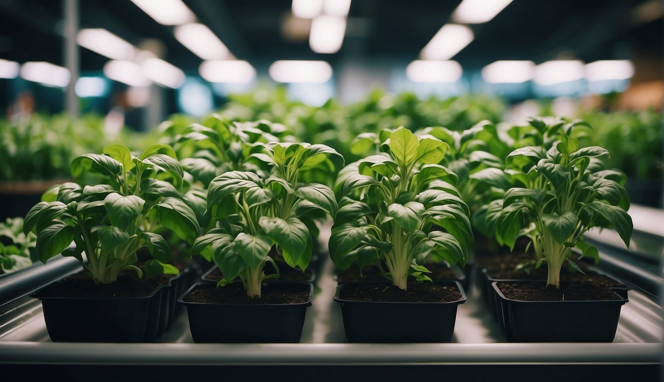A close-up view of vibrant green hydroponic basil plants in small black pots, displayed in a grocery store with more plants in the background.