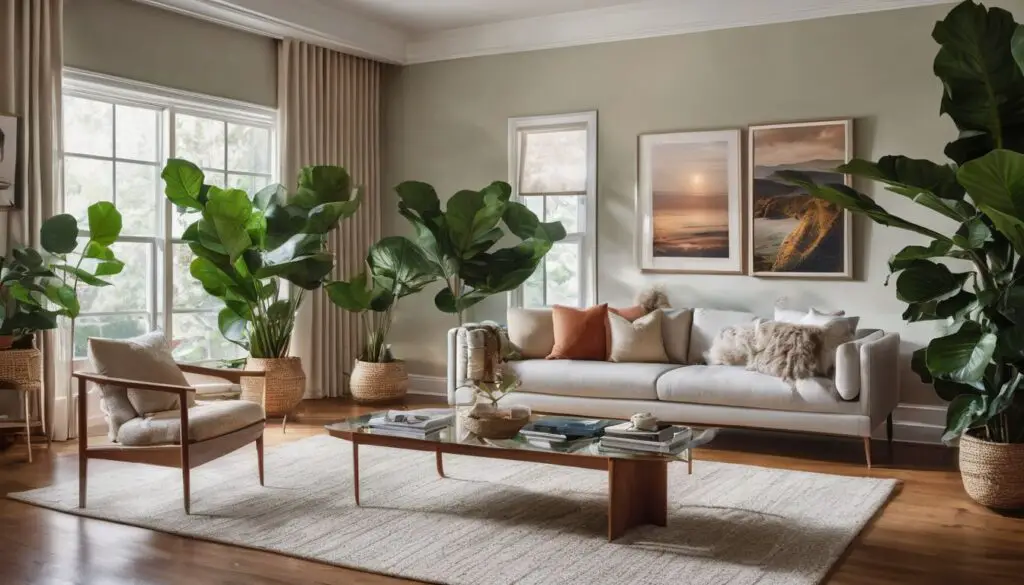 A living room with large indoor trees thriving in low light.