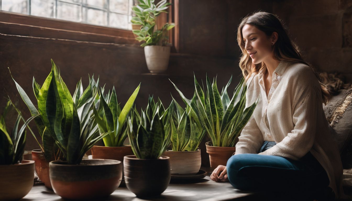 A person sitting beside a collection of snake plants indoors, near a window.