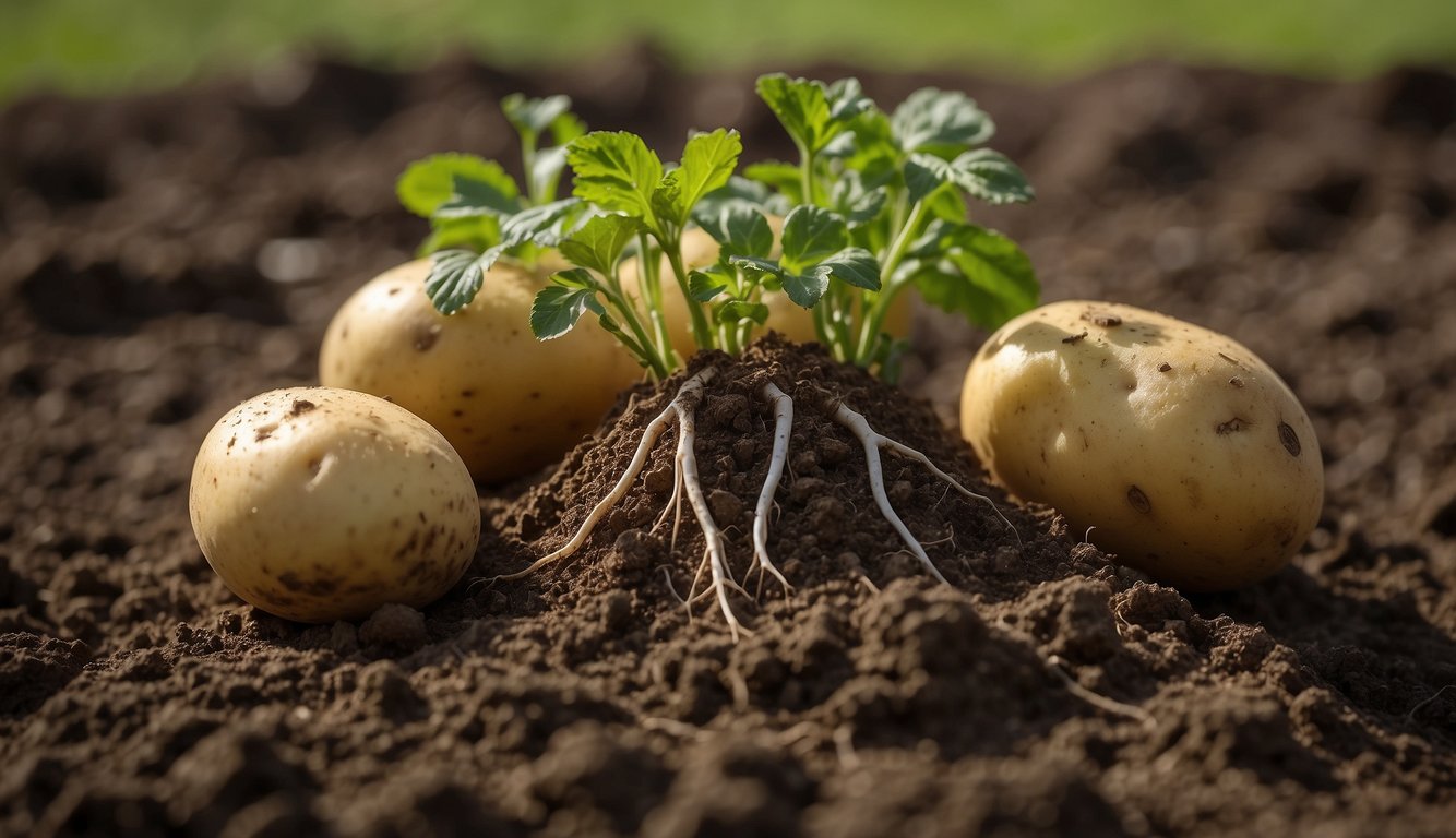 A close-up image of three potatoes and a young plant sprouting from the soil, illuminated by natural light.