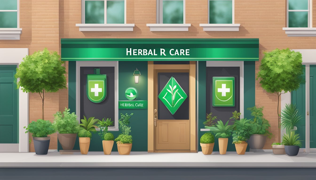 A digital illustration of the storefront of “HERBAL R CARE,” a herbal care shop with green branding, potted plants, and a wooden door.