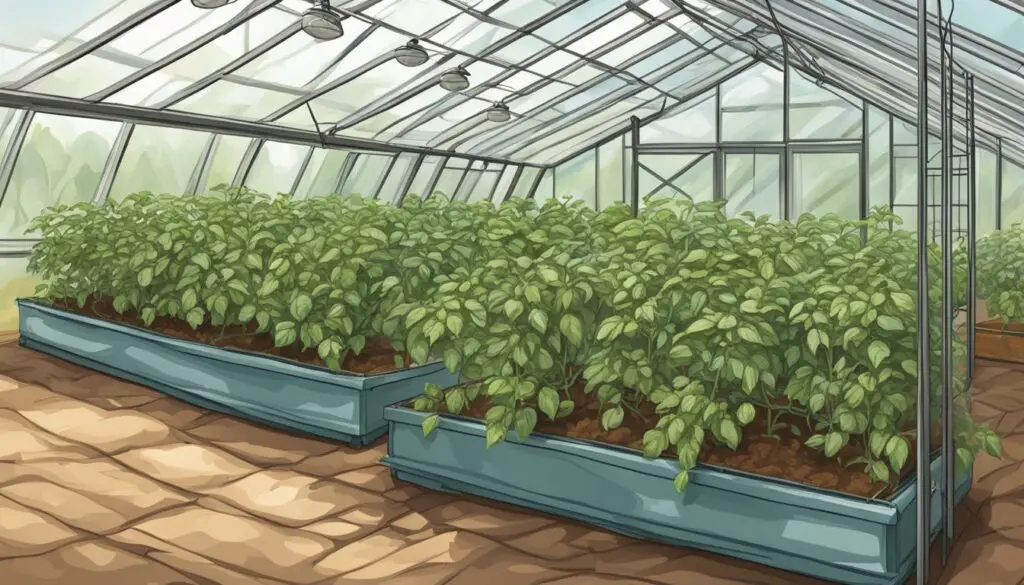 A greenhouse nurturing tomato plants during winter.