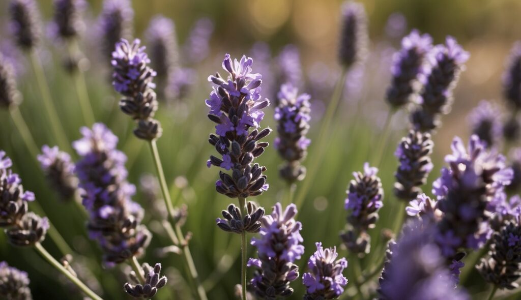 A close-up view of lavender flowers, showcasing their vibrant purple color amidst green foliage, with some flowers experiencing die back.