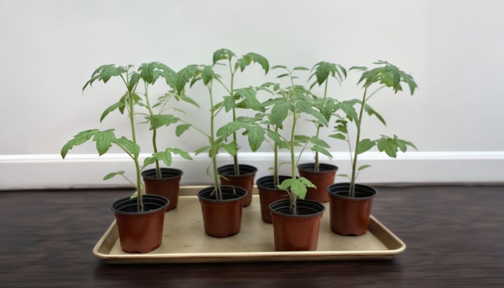 Eight young tomato seedlings with slender stems and green leaves growing in small pots on a tray indoors.