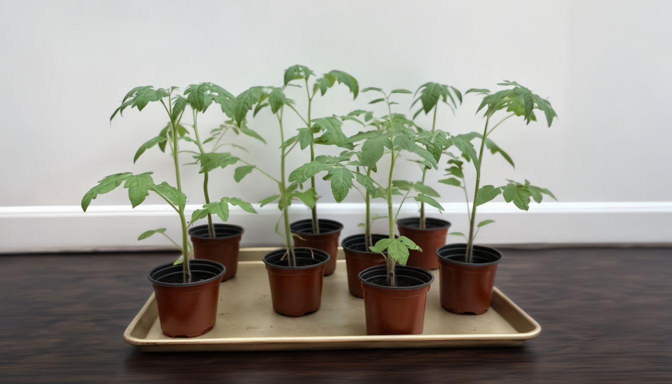 Eight young tomato seedlings with slender stems and green leaves growing in small pots on a tray indoors.