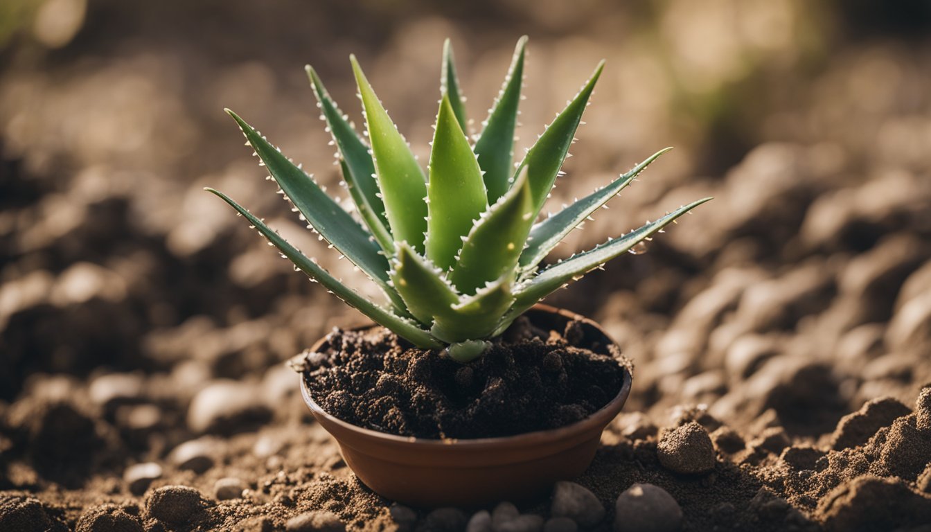 A vibrant green aloe plant with no visible roots, sitting in a small terracotta pot filled with soil, placed on the ground.