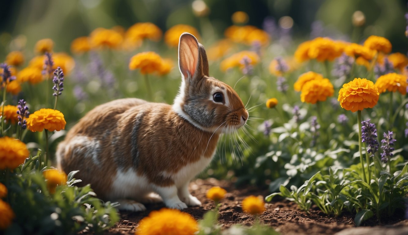 A rabbit amidst marigold and lavender flowers in a garden.