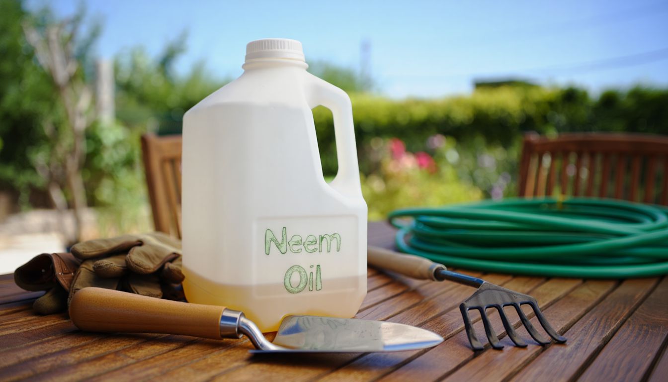 A white container of neem oil sits on a wooden garden table surrounded by gardening tools, gloves, and a coiled hose, with flowering plants and greenery in the background.